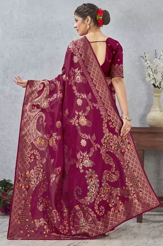 rani color banarasi silk blend meenakari work saree with blouse