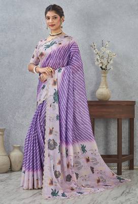 Purple color zirkon cut border worksatin digital printed saree with blouse 3
