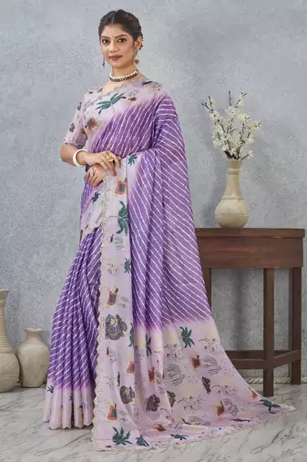 Purple color zirkon cut border worksatin digital printed saree with blouse