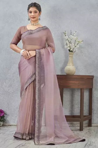 levender color zirkon work border soft silk blend saree with blouse
