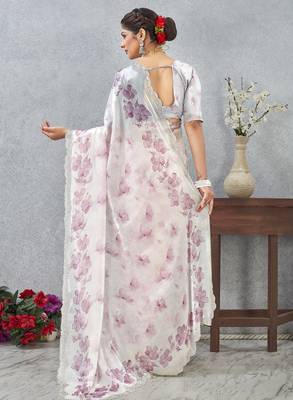 Pink zirkon work border fendy satin digital print saree with blouse 5