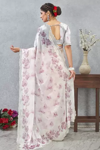 Pink color zirkon work border fendy satin digital print saree with blouse