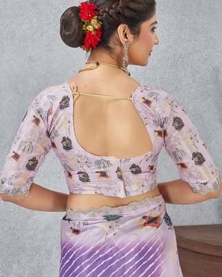 Purple color zirkon cut border worksatin digital printed saree with blouse 4
