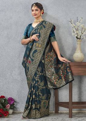 morpeach color banarasi silk blend meenakari work saree with blouse 1