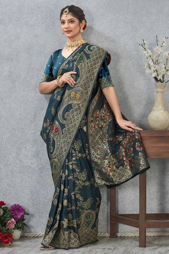 morpeach color banarasi silk blend meenakari work saree with blouse