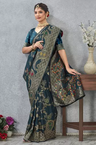 morpeach color banarasi silk blend meenakari work saree with blouse