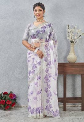 Purple color zirkon work border fendy satin digital print saree with blouse 1