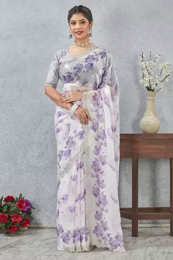 Purple color zirkon work border fendy satin digital print saree with blouse