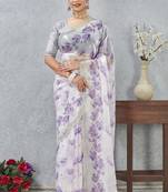 Purple color zirkon work border fendy satin digital print saree with blouse