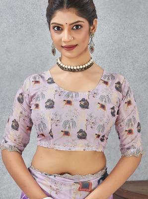 Purple color zirkon cut border worksatin digital printed saree with blouse 5