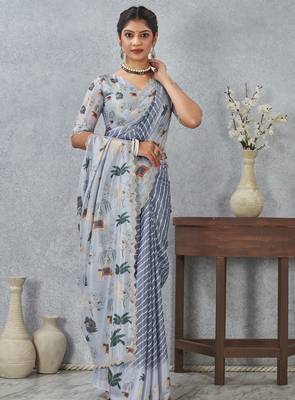Grey color zirkon cut border worksatin digital printed saree with blouse 1