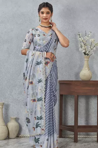 Grey color zirkon cut border worksatin digital printed saree with blouse