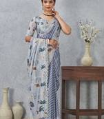 Grey color zirkon cut border worksatin digital printed saree with blouse