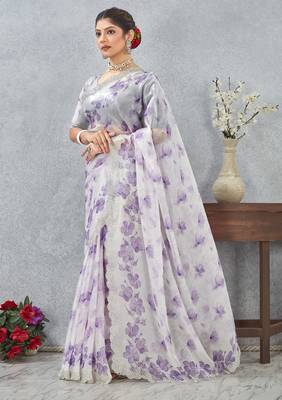 Purple color zirkon work border fendy satin digital print saree with blouse 2