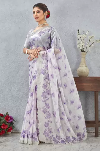 Purple color zirkon work border fendy satin digital print saree with blouse