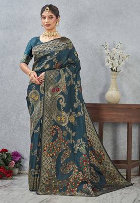 morpeach color banarasi silk blend meenakari work saree with blouse 2