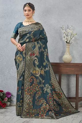morpeach color banarasi silk blend meenakari work saree with blouse