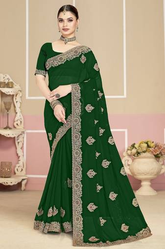 Botle green color zirkon work & codding embroidered georgette saree with blouse