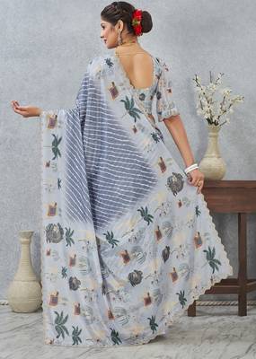 Grey color zirkon cut border worksatin digital printed saree with blouse 2