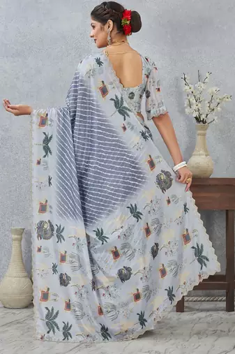 Grey color zirkon cut border worksatin digital printed saree with blouse