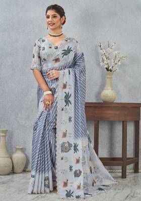 Grey color zirkon cut border worksatin digital printed saree with blouse 3