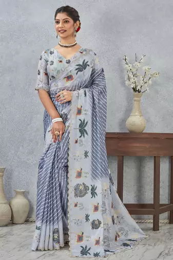 Grey color zirkon cut border worksatin digital printed saree with blouse