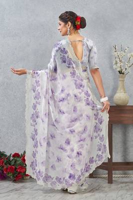 Purple color zirkon work border fendy satin digital print saree with blouse 3
