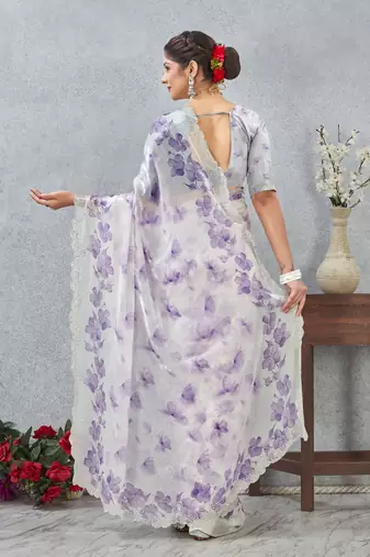 Purple color zirkon work border fendy satin digital print saree with blouse