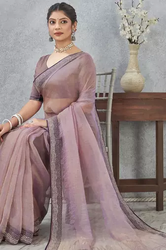 levender zirkon work border soft silk blend saree with blouse