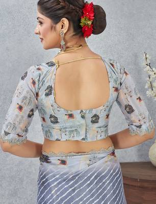 Grey color zirkon cut border worksatin digital printed saree with blouse 4
