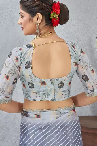 Grey color zirkon cut border worksatin digital printed saree with blouse