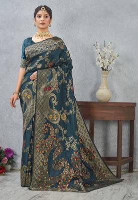 morpeach color banarasi silk blend meenakari work saree with blouse 3