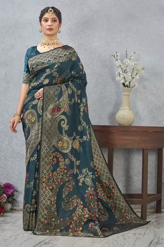 morpeach color banarasi silk blend meenakari work saree with blouse