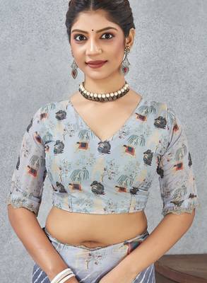 Grey color zirkon cut border worksatin digital printed saree with blouse 5