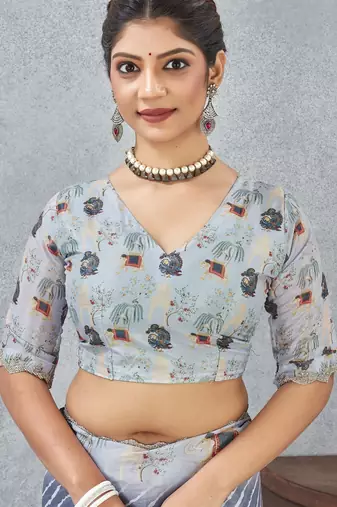 Grey color zirkon cut border worksatin digital printed saree with blouse