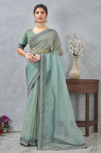 light green color zirkon work border soft silk blend saree with blouse