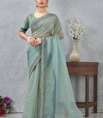 light green color zirkon work border soft silk blend saree with blouse