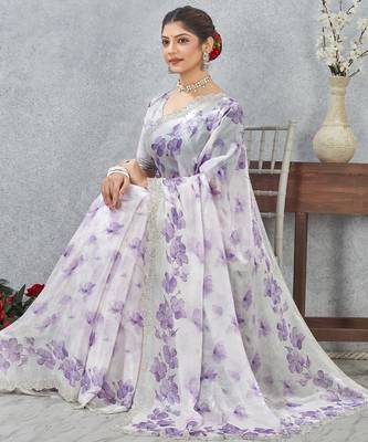 Purple color zirkon work border fendy satin digital print saree with blouse 4