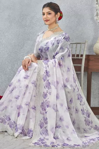Purple color zirkon work border fendy satin digital print saree with blouse