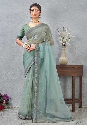 light green color zirkon work border soft silk blend saree with blouse 2