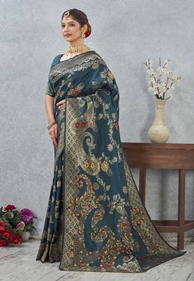 morpeach color banarasi silk blend meenakari work saree with blouse 4