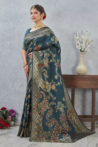 morpeach color banarasi silk blend meenakari work saree with blouse