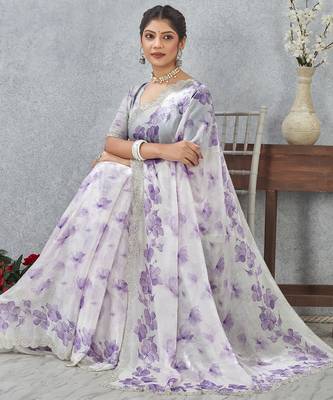 Purple color zirkon work border fendy satin digital print saree with blouse 5
