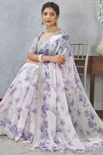 Purple color zirkon work border fendy satin digital print saree with blouse