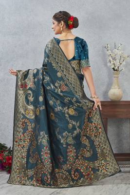 morpeach color banarasi silk blend meenakari work saree with blouse 5