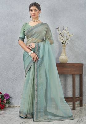 light green color zirkon work border soft silk blend saree with blouse 3