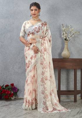 Peach color zirkon work border fendy satin digital print saree with blouse 1