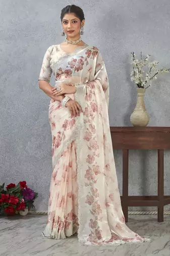 Peach color zirkon work border fendy satin digital print saree with blouse