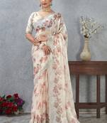 Peach color zirkon work border fendy satin digital print saree with blouse