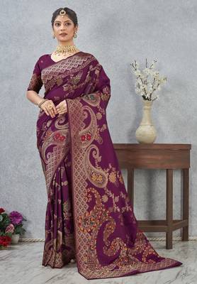 wine color banarasi silk blend meenakari work saree with blouse 1
